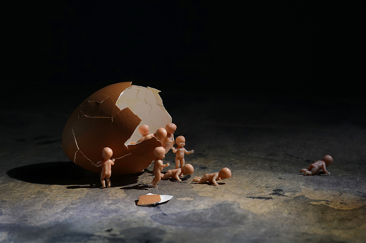 Surrealism, dream, nightmare, doll, babies, baby doll, egg, hatch, parasites, cracked egg, eggshell, surreal egg